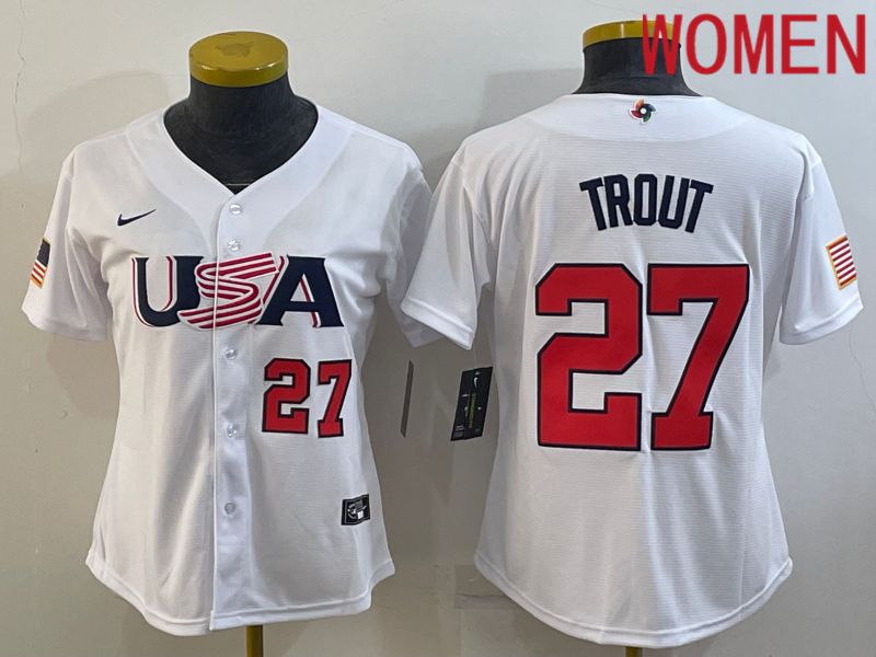 Women 2023 World Cub USA #27 Trout White Nike MLB Jersey3